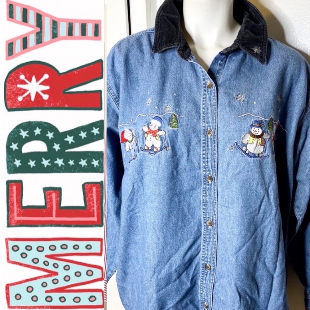 Nutcracker Denim embroidered Snowman Shirt L